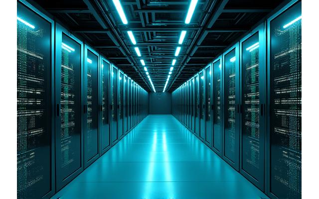 Interior shot of Verity Bloom's secure server room or data center, highlighting infrastructure for client data protection.