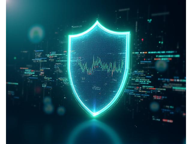 Digital representation of a protective shield formed by data points and overlapping charts, symbolizing AI-driven risk management.