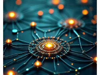 Complex interconnected nodes illustrating security and optimization in a digital network.