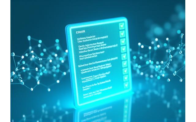 Digital compliance checklist with green checkmarks and a stylized blockchain network in the background, representing regulatory adherence and security standards in DeFi.