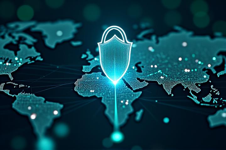 Abstract depiction of a secure blockchain network with glowing nodes and protective shield, representing DeFi security analysis and real-time threat monitoring on a sleek dashboard.