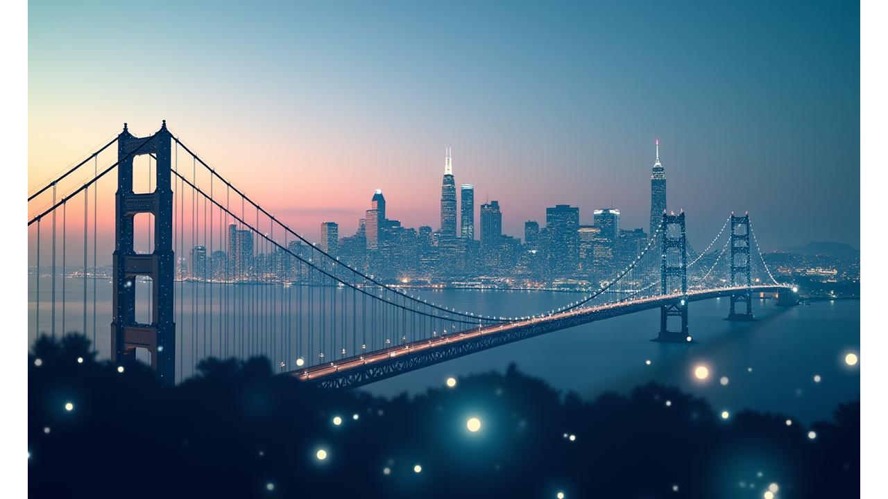 Abstract blockchain network overlaying a modern San Francisco skyline at dawn, symbolizing secure, interconnected financial technology and innovation.