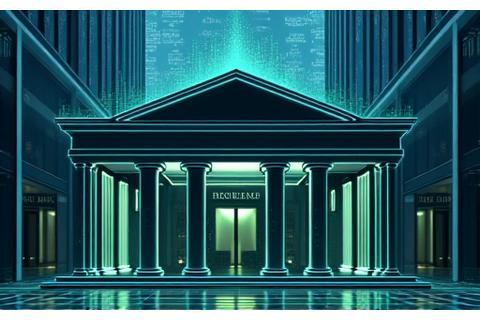 Traditional bank building with subtle blockchain elements, symbolizing integration and stability in DeFi.