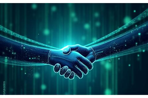 Abstract depiction of smart contracts automating insurance claims, showing a secure, digital handshake between parties and transparent data flow.
