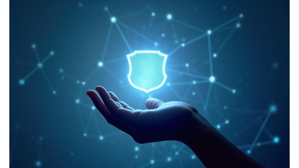 Illustration of a person holding a digital key or shield, symbolizing user control over their data, set against a secure blockchain background.