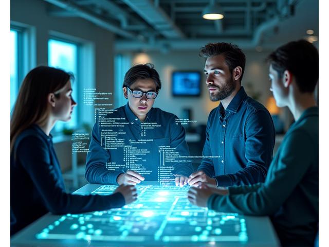 Team of developers working with secure coding practices, showing collaboration and structured development.